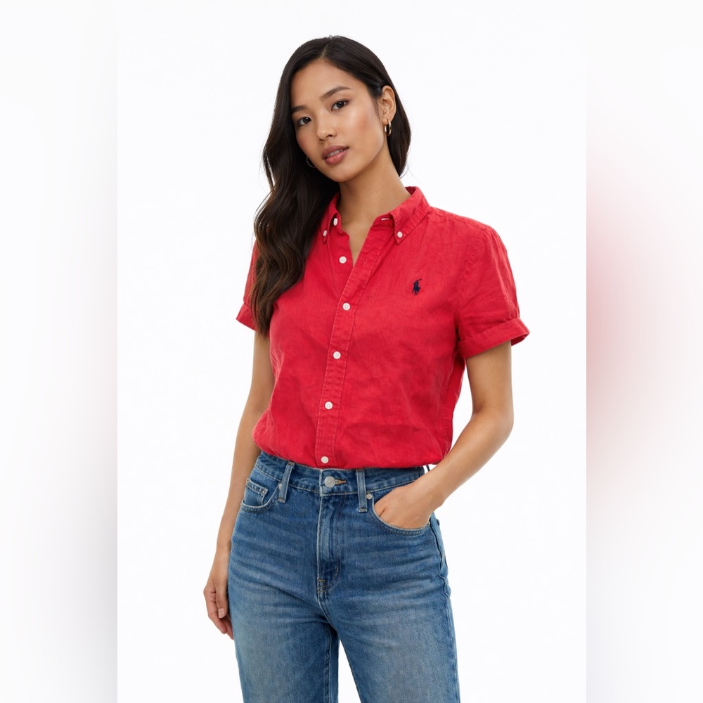Ralph Lauren Red Short-Sleeve Button-Down Linen Blouse
